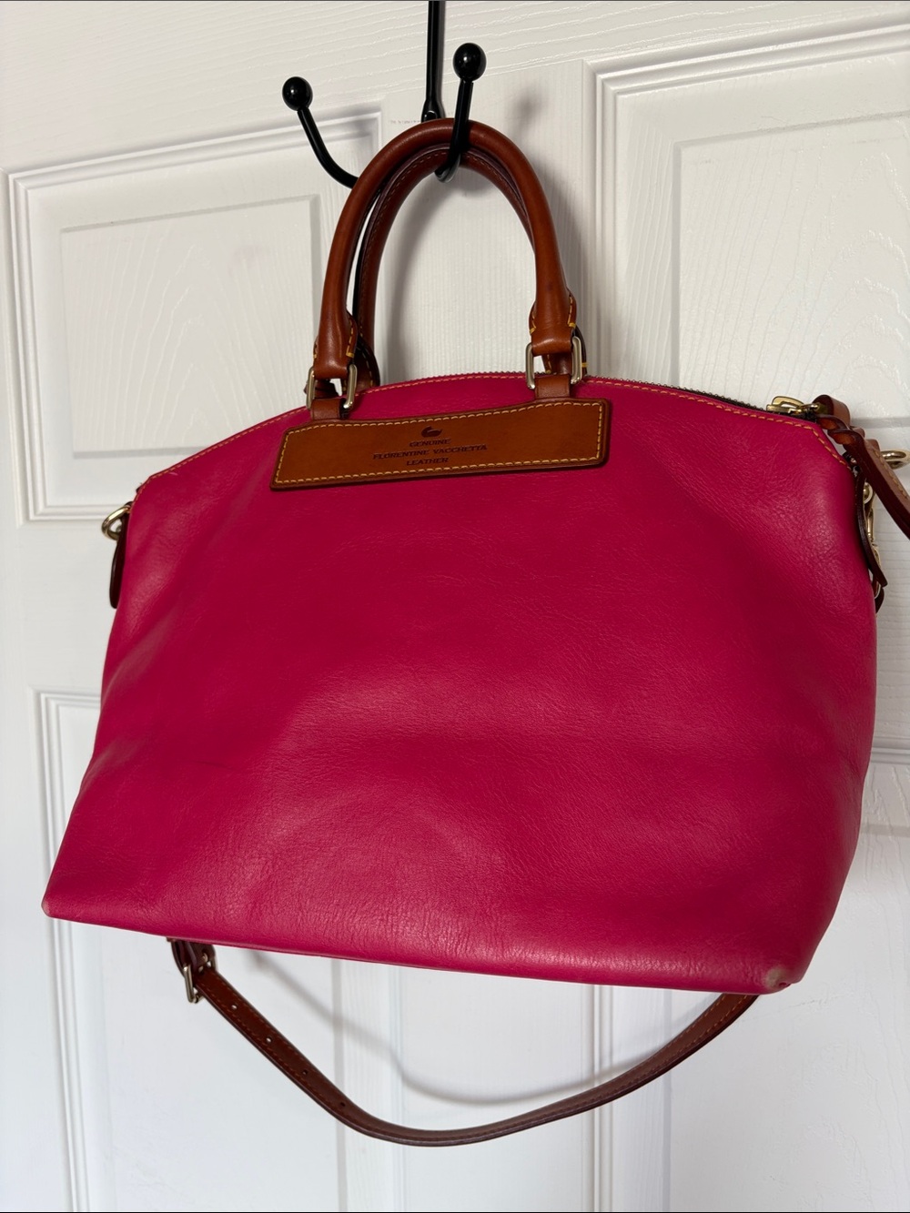 Dooney & Bourke Hot Pink Leather Satchel with Brown Trim - Picture 7 of 16